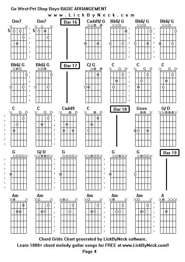 Chord Grids Chart of chord melody fingerstyle guitar song-Go West-Pet Shop Boys-BASIC ARRANGEMENT,generated by LickByNeck software.